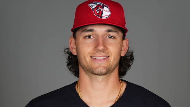 Feb 22, 2024; Goodyear, AZ, USA; Cleveland Guardians player Chase DeLauter poses for a photo during Media Day at the Cleveland Guardians Spring Training Facility Mandatory Credit: Joe Camporeale-USA TODAY Sports